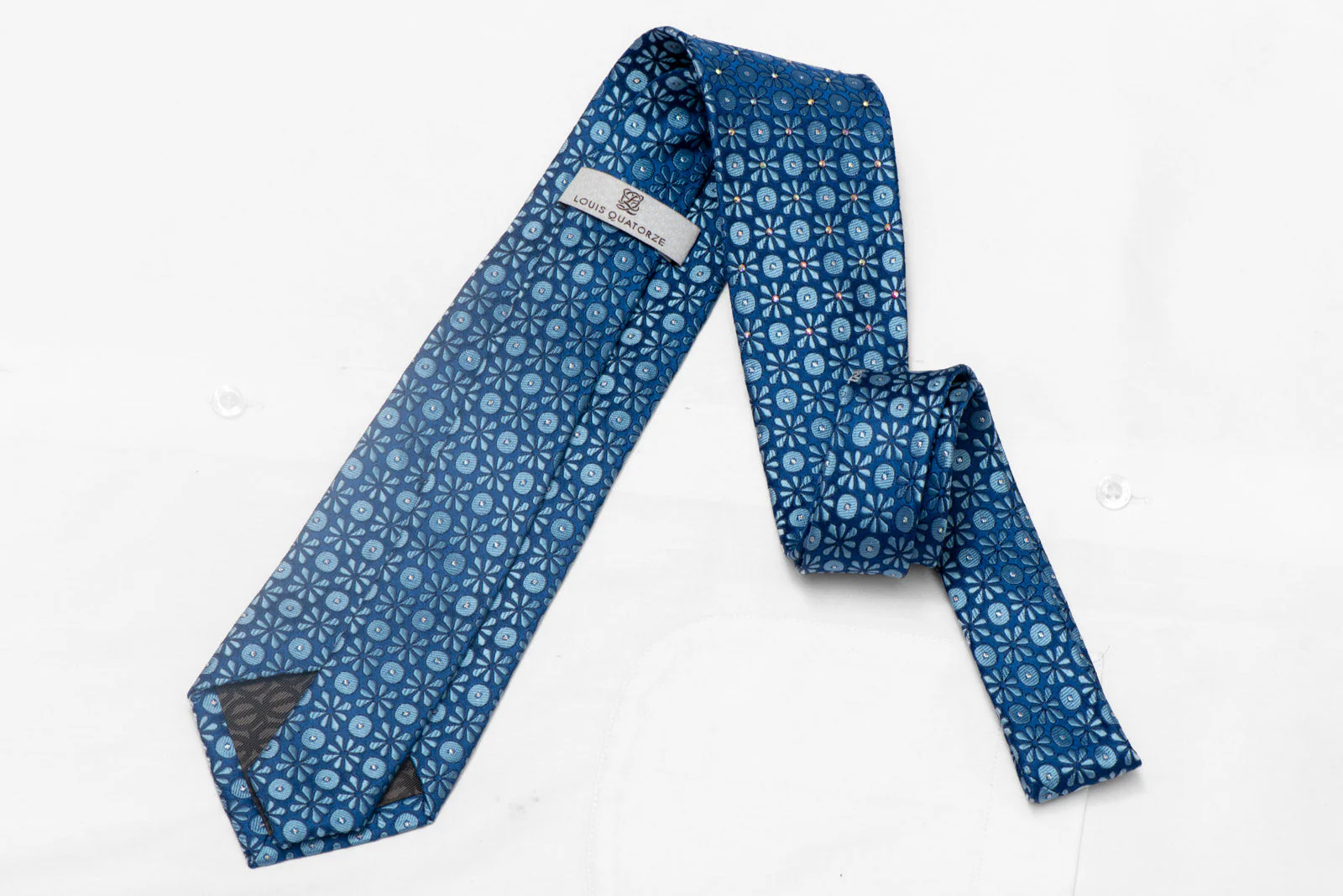 Geometric Floral On Blue Rhinestone Silk Tie With Silver Sparkles - Image 3