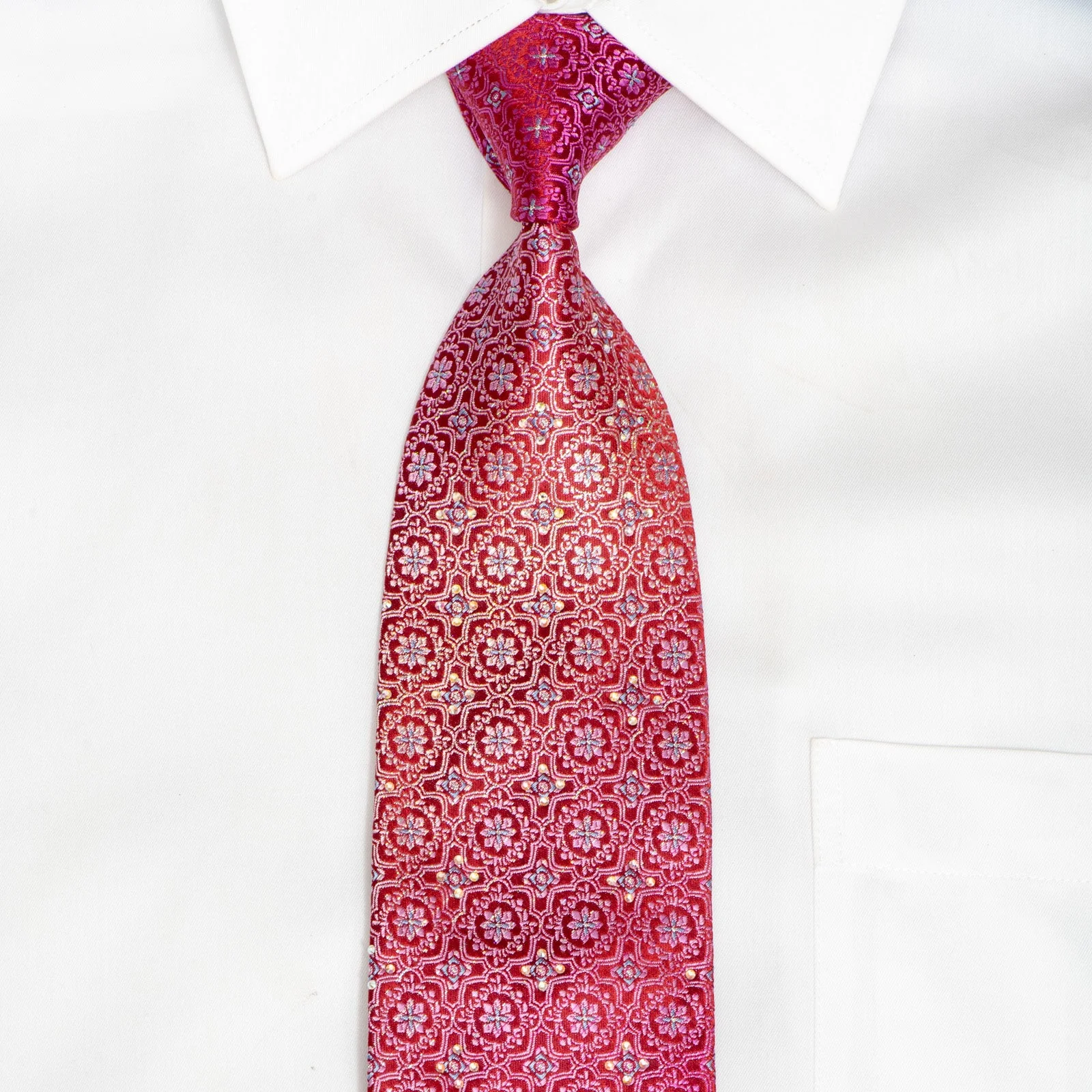 Geometric Floral On Burgundy Rhinestone Silk Tie With Silver Sparkles