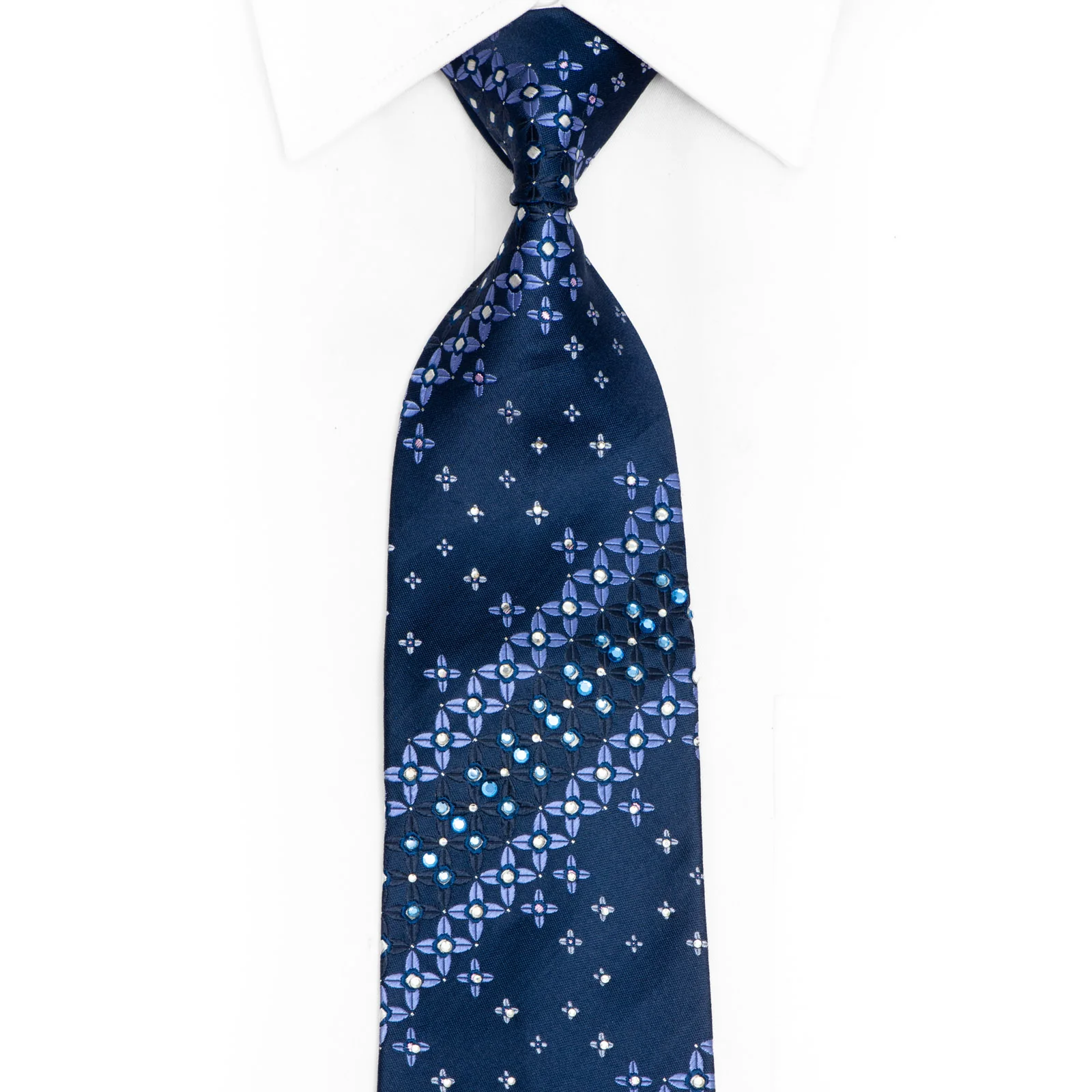 Geometric Floral On Navy Rhinestone Silk Tie With Silver Sparkles
