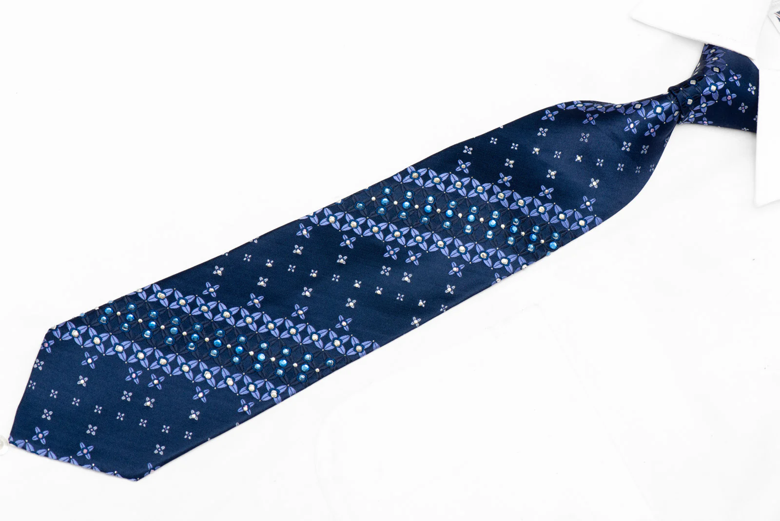 Geometric Floral On Navy Rhinestone Silk Tie With Silver Sparkles - Image 2