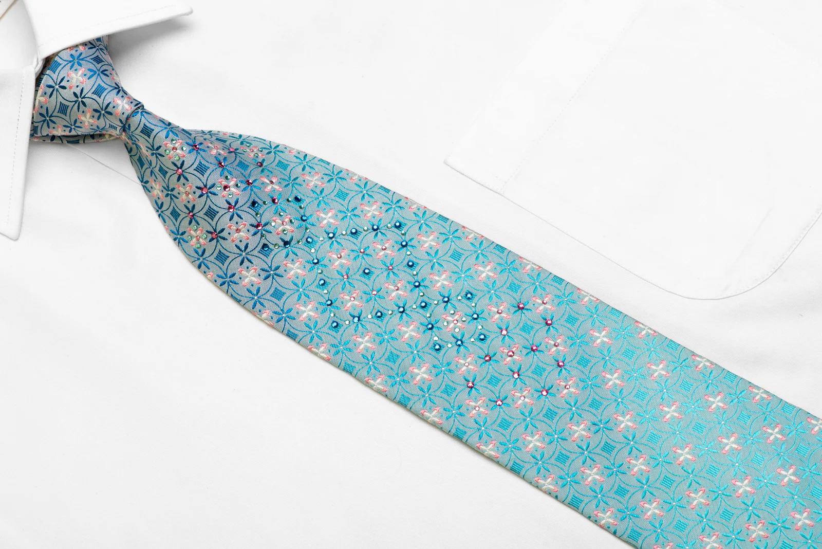 Geometric Floral On Pale Blue Rhinestone Silk Necktie With Silver Sparkles - Image 2