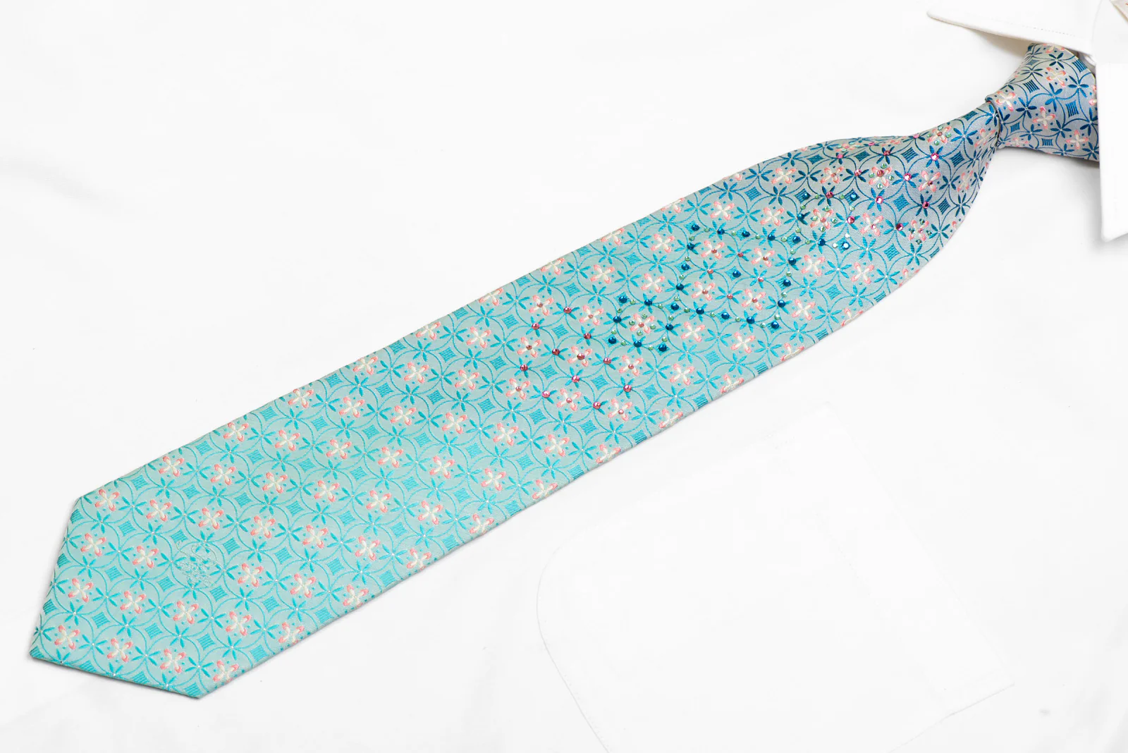 Geometric Floral On Pale Blue Rhinestone Silk Necktie With Silver Sparkles - Image 3