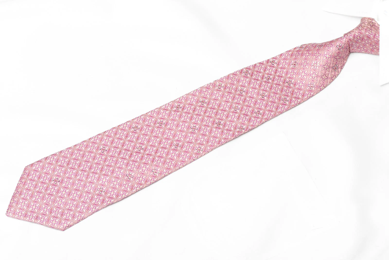 Geometric Floral On Pink Rhinestone Silk Necktie With Silver Sparkles - Image 2