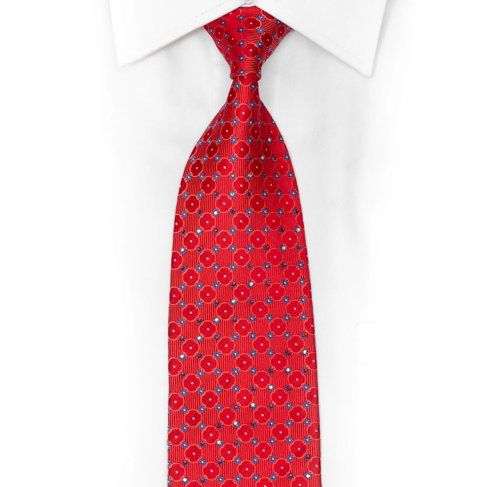 Geometric & Floral On Red Rhinestone Silk Necktie