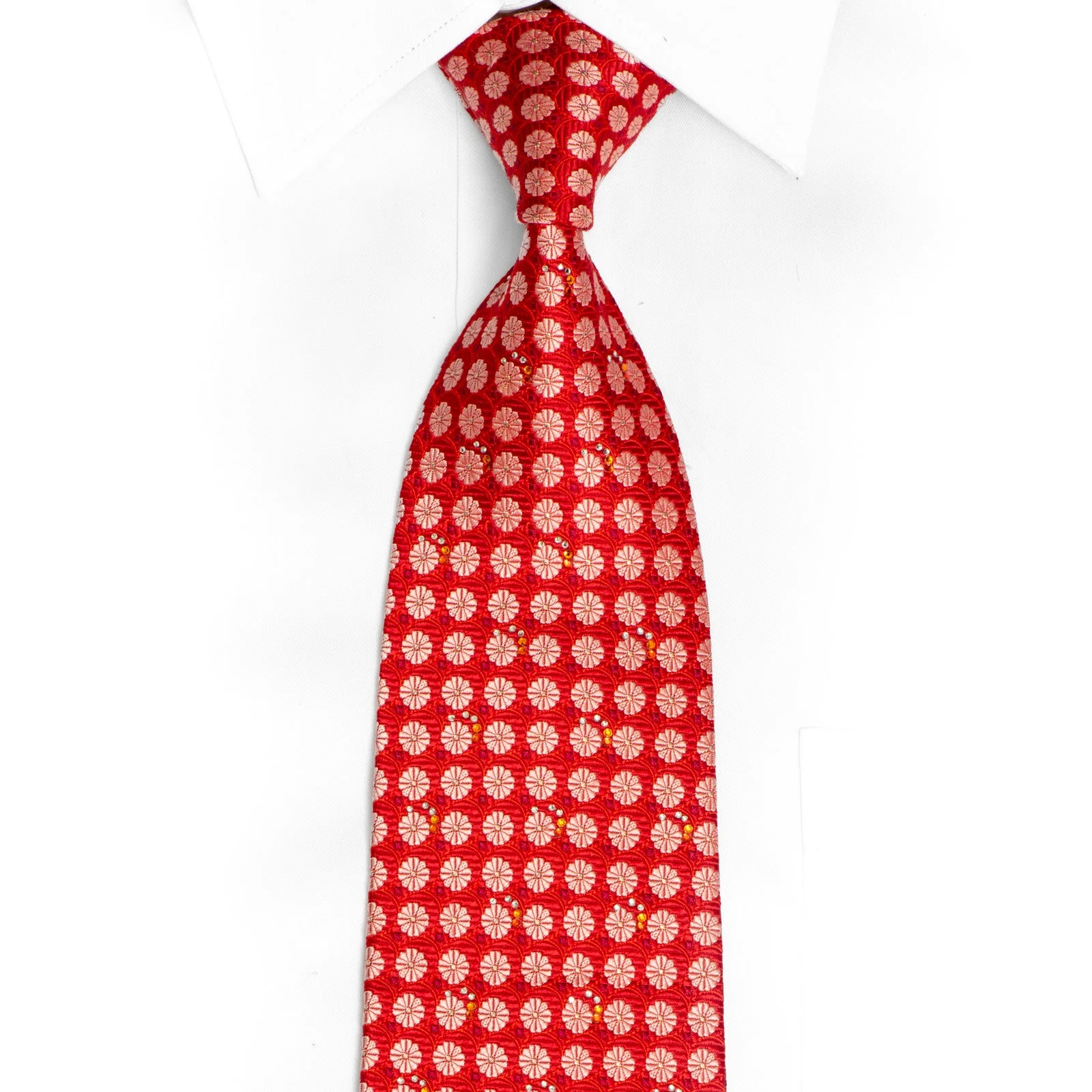 Geometric Floral On Red Rhinestone Silk Tie With Silver Sparkles