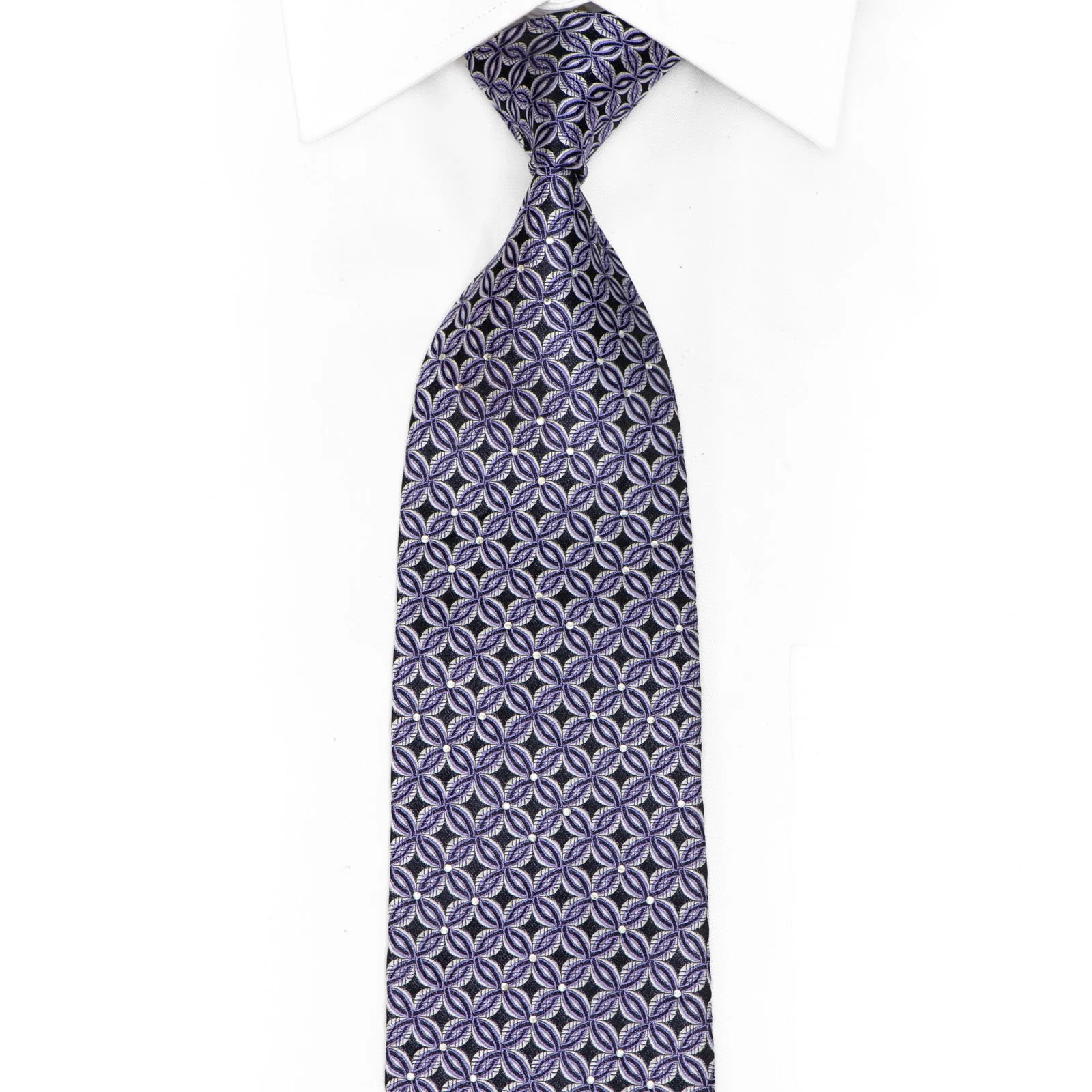 Geometric Interlocking Purple Silver Circles On Navy Sparkling Rhinestone Silk Tie