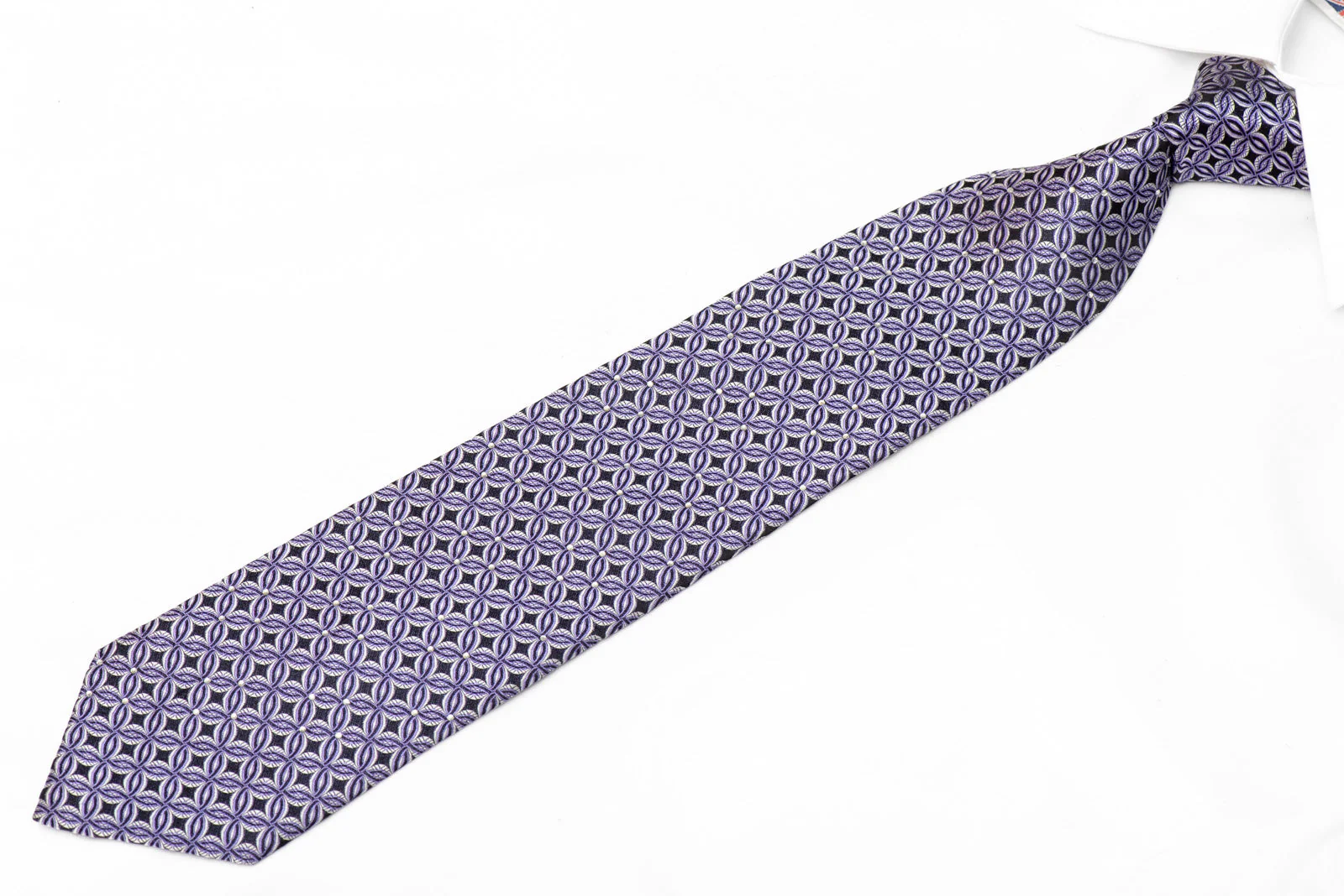Geometric Interlocking Purple Silver Circles On Navy Sparkling Rhinestone Silk Tie - Image 2