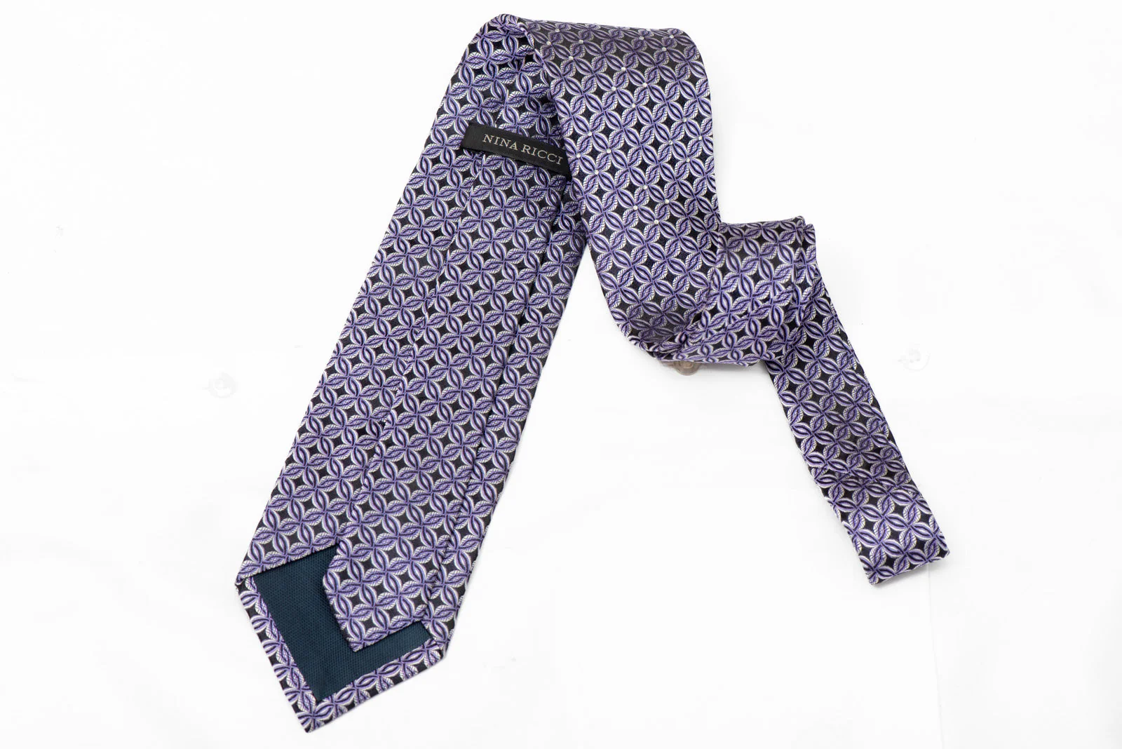 Geometric Interlocking Purple Silver Circles On Navy Sparkling Rhinestone Silk Tie - Image 3