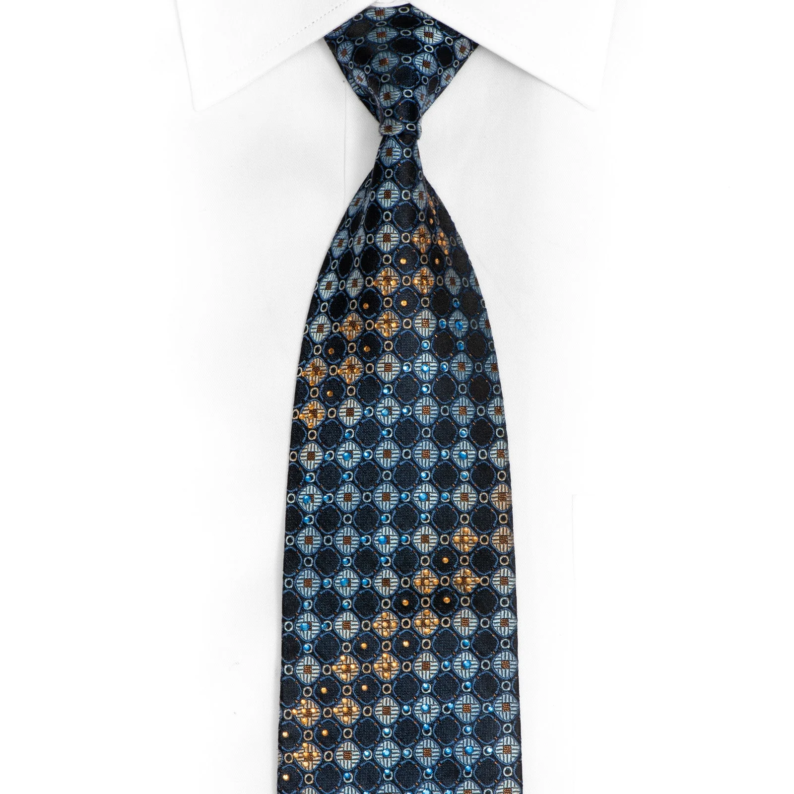 Geometric On Blue Rhinestone Silk Tie With Copper Sparkles
