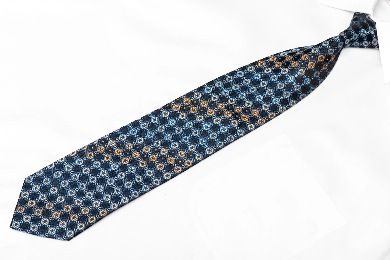 Geometric On Blue Rhinestone Silk Tie With Copper Sparkles - Image 2