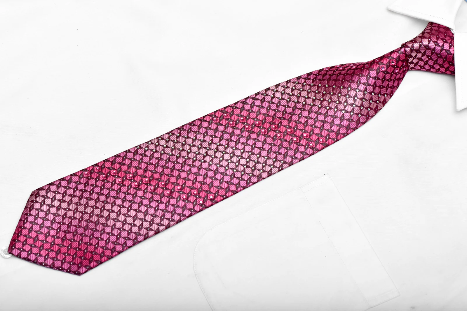 Geometric On Burgundy Rhinestone Silk Necktie With Sparkles - Image 3