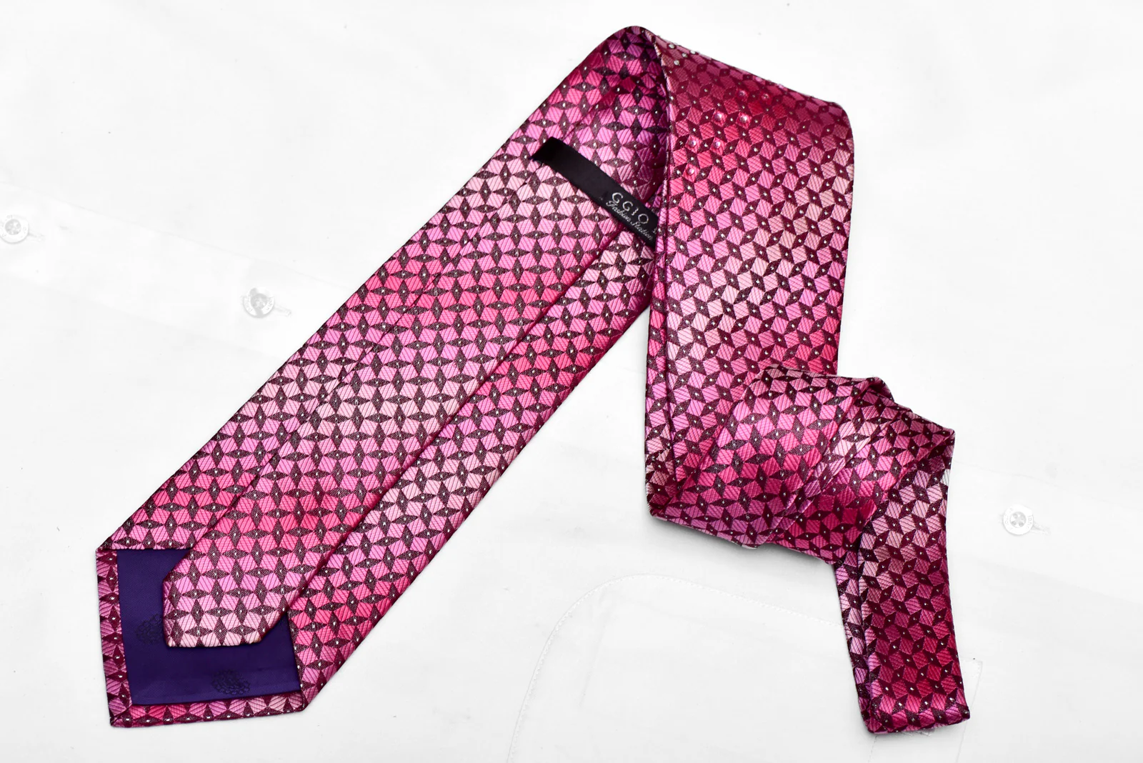 Geometric On Burgundy Rhinestone Silk Necktie With Sparkles - Image 4