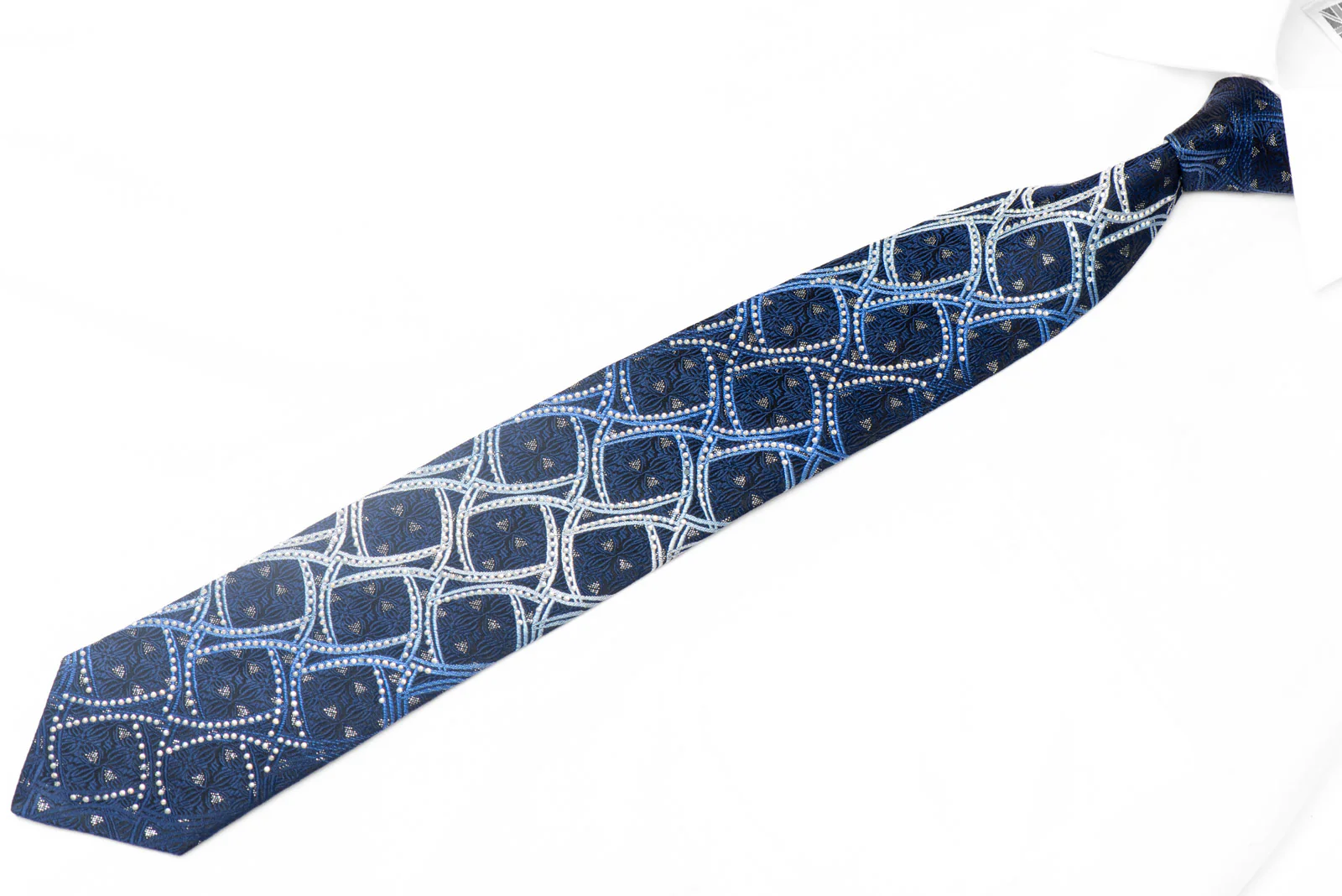 Geometric On Navy Rhinestone Silk Tie With Silver Sparkles - Image 2