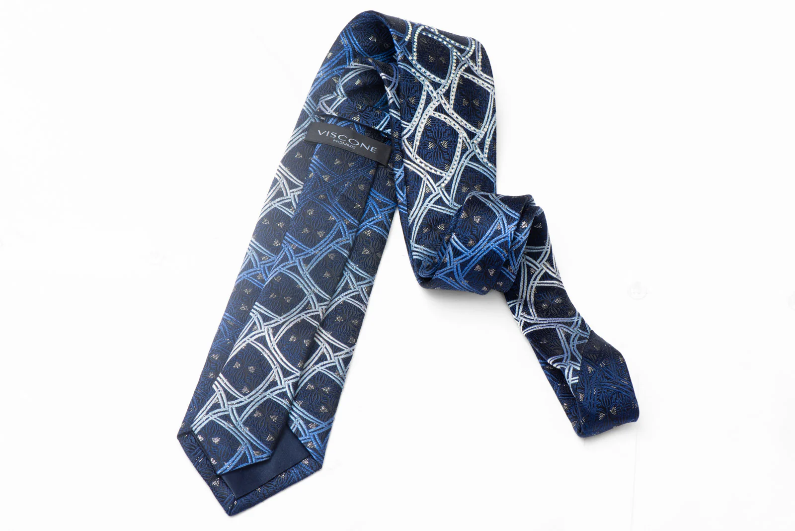 Geometric On Navy Rhinestone Silk Tie With Silver Sparkles - Image 3