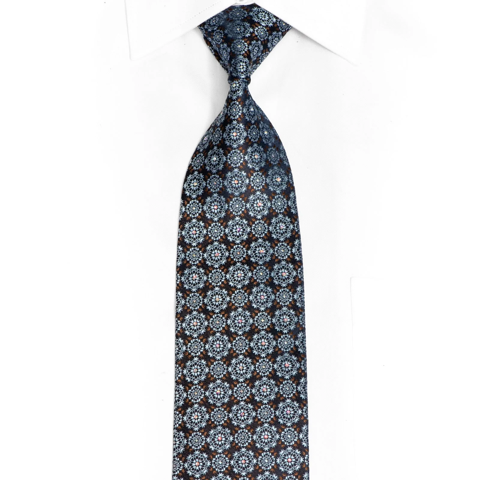 Geometric On NAvy Rhinestone Tie With Metallic Silver Sparkles