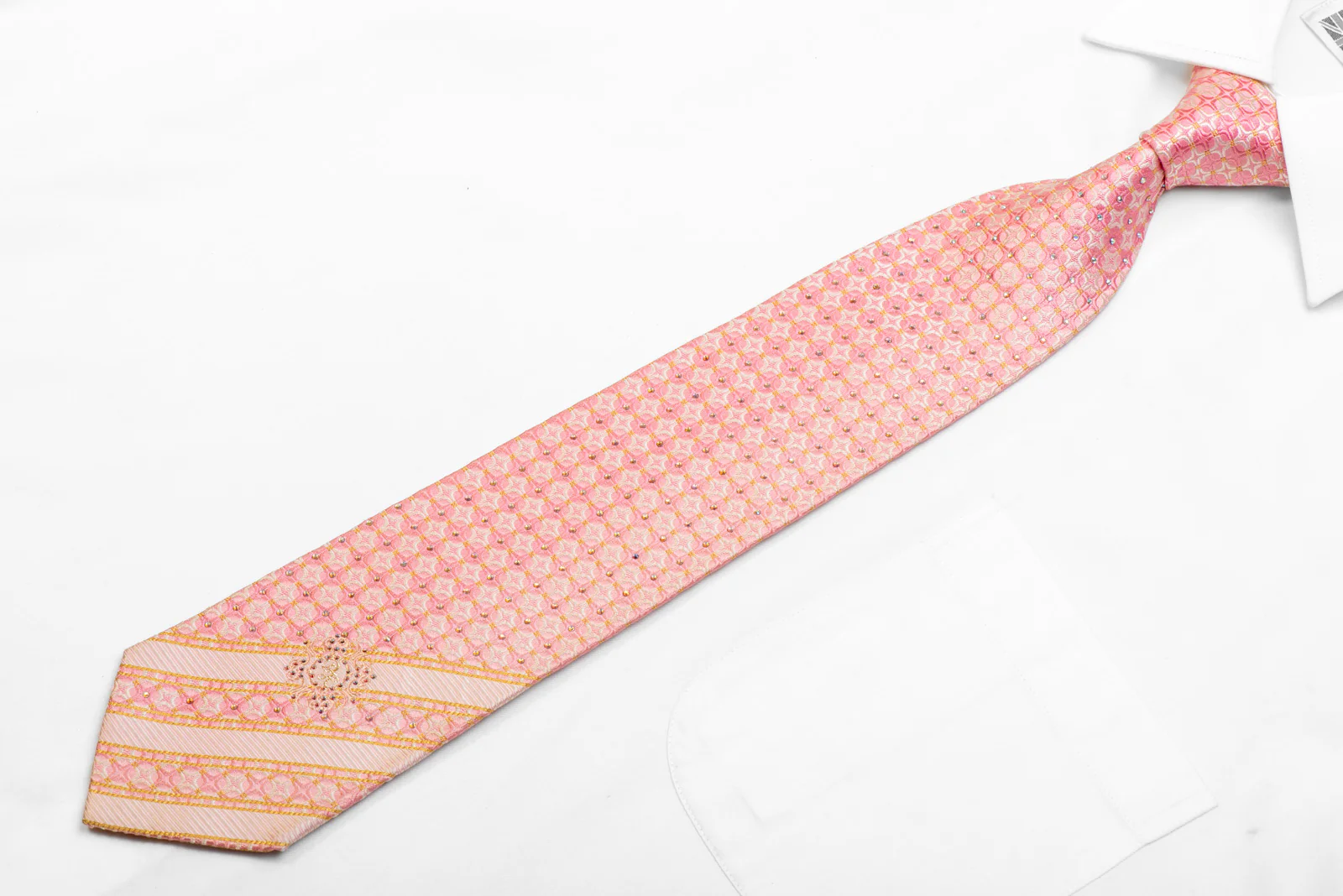 Geometric On Pink Men's Rhinestone Silk Necktie - Image 3