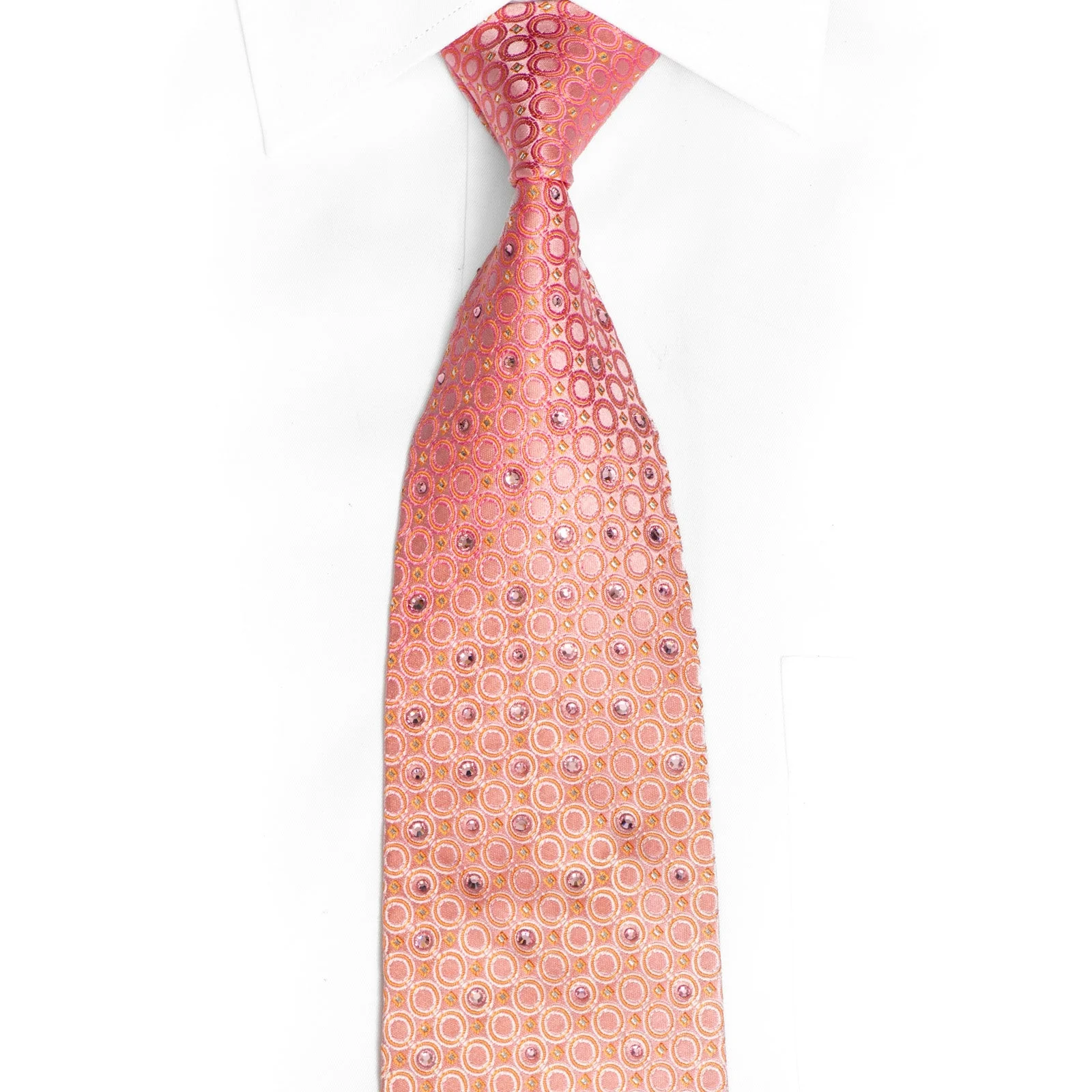 Geometric On Pink Rhinestone Silk Necktie With Silver Sparkles