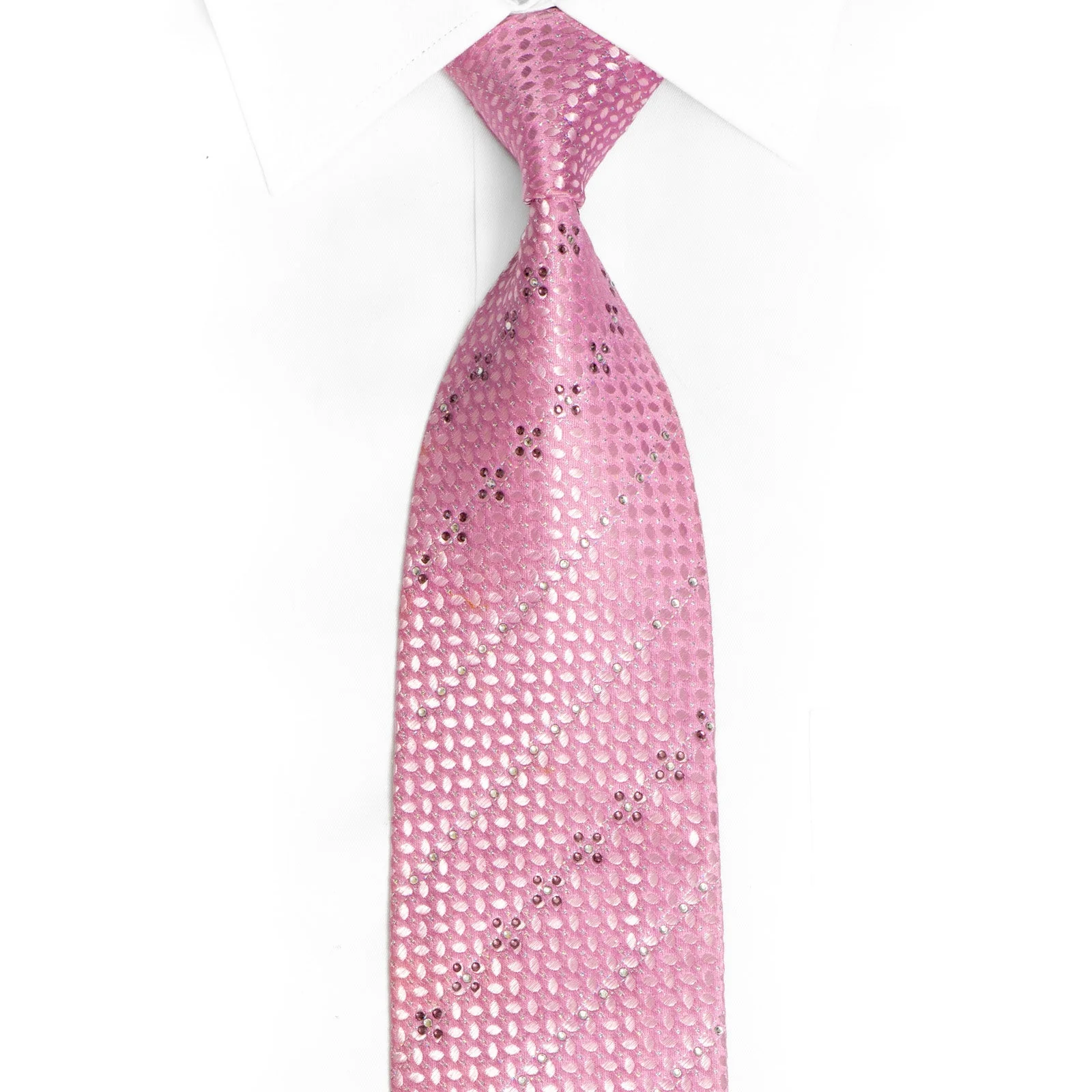 Geometric On Pink Rhinestone Silk Tie With Silver Sparkles