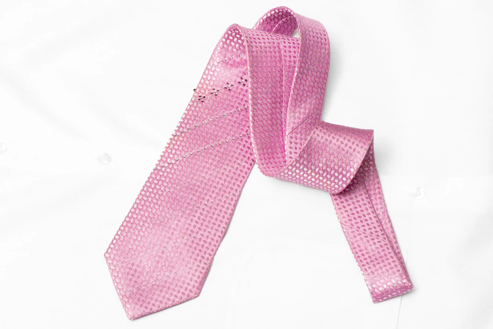Geometric On Pink Rhinestone Silk Tie With Silver Sparkles - Image 3