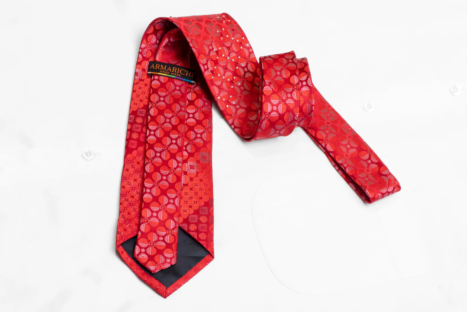 Geometric On Red Rhinestone Necktie With Silver Sparkles - Image 4