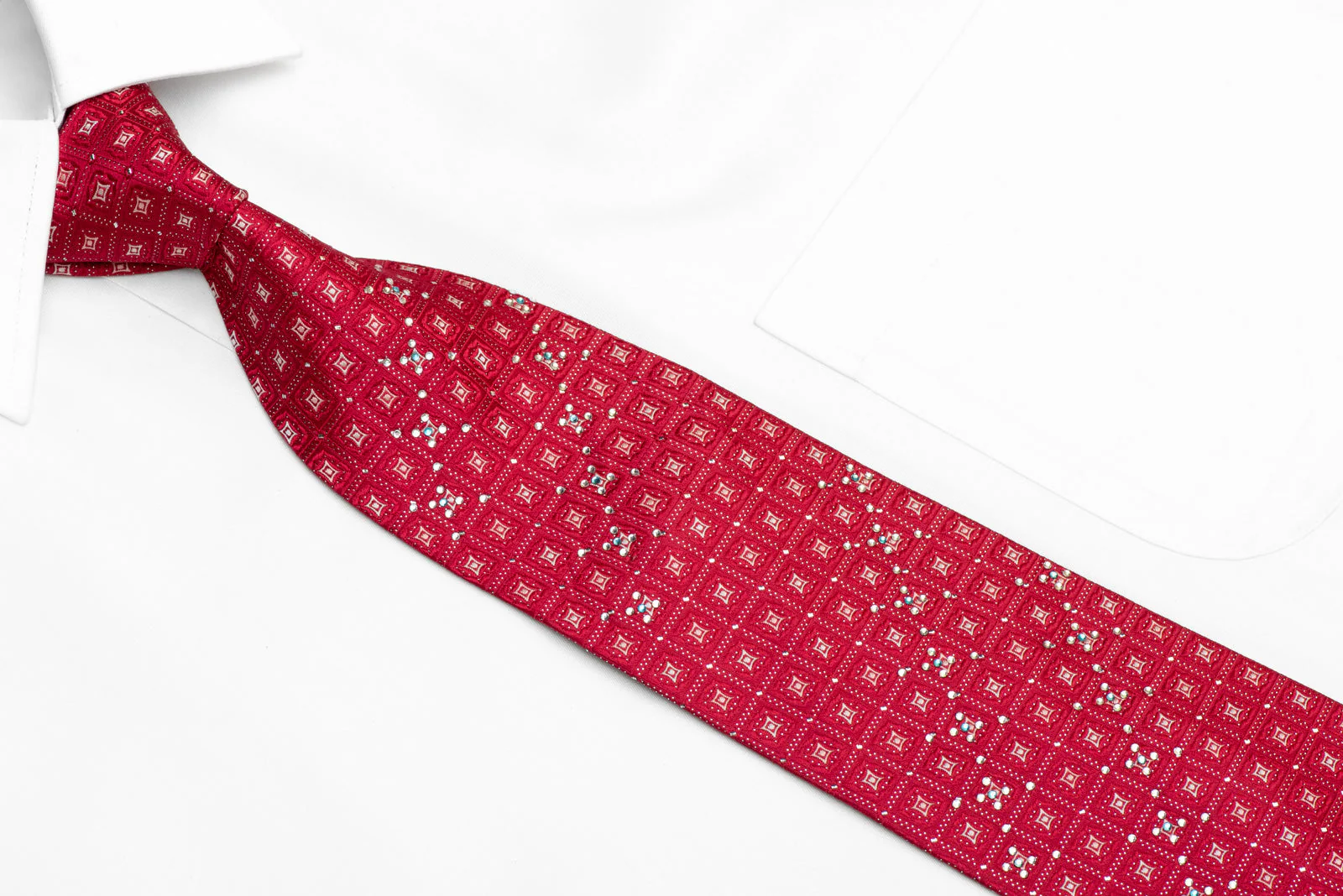 Geometric On Red Rhinestone Silk Necktie With Silver Sparkles - Image 2