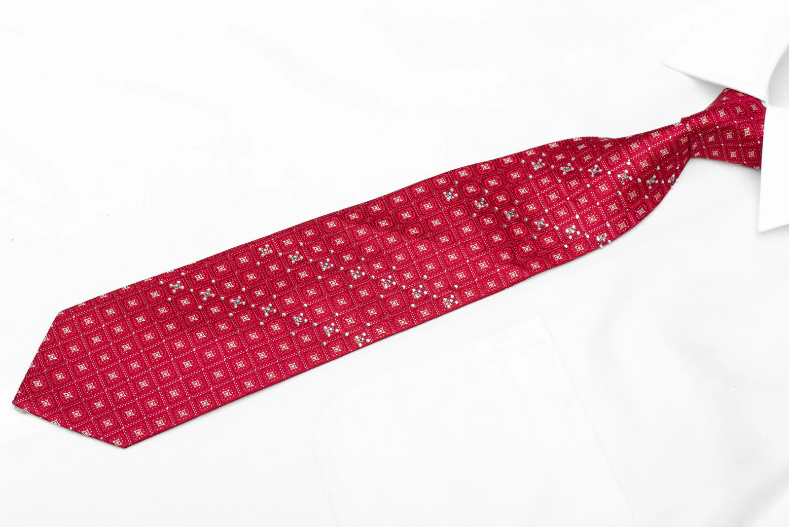 Geometric On Red Rhinestone Silk Necktie With Silver Sparkles - Image 3