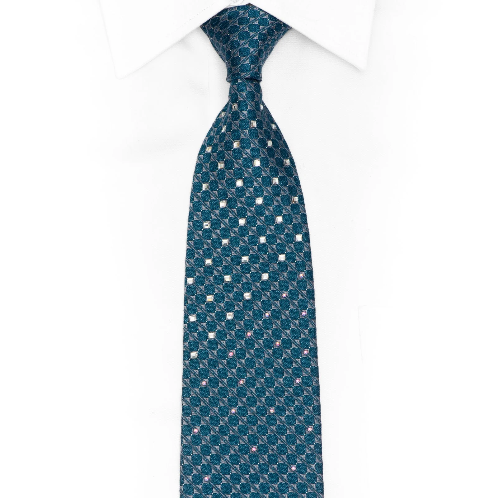 Geometric On Teal Rhinestone Silk Necktie With Silver Sparkles