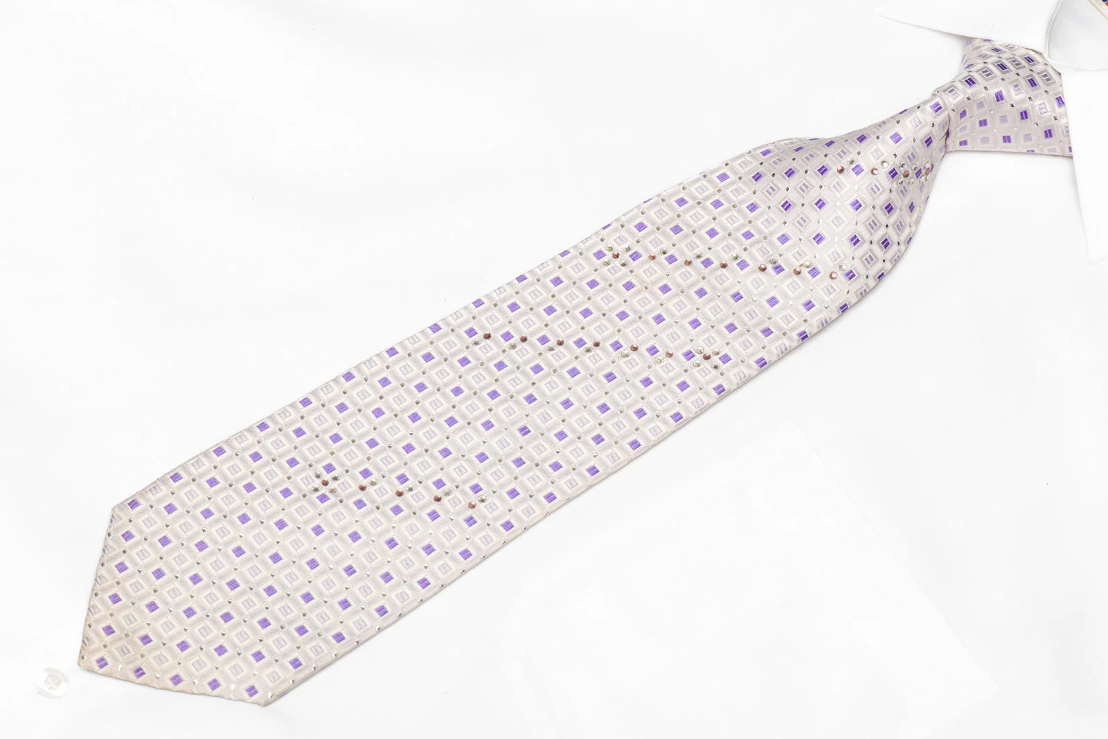 Geometric On White Rhinestone Silk Necktie With Silver Sparkles - Image 2