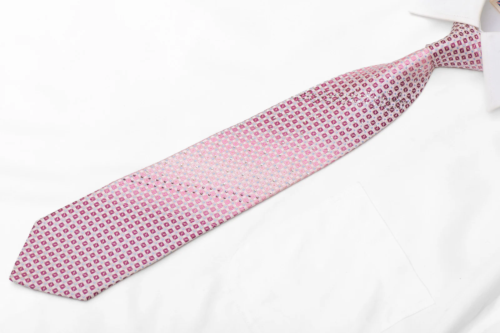 Geometric Squares On Pink Rhinestone Silk Necktie With Silver Sparkles - Image 3