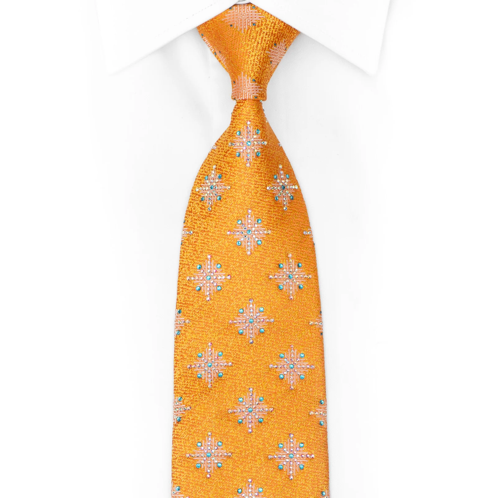 Geometric Star Snow Flakes On Orange Rhinestone SIlk Necktie
