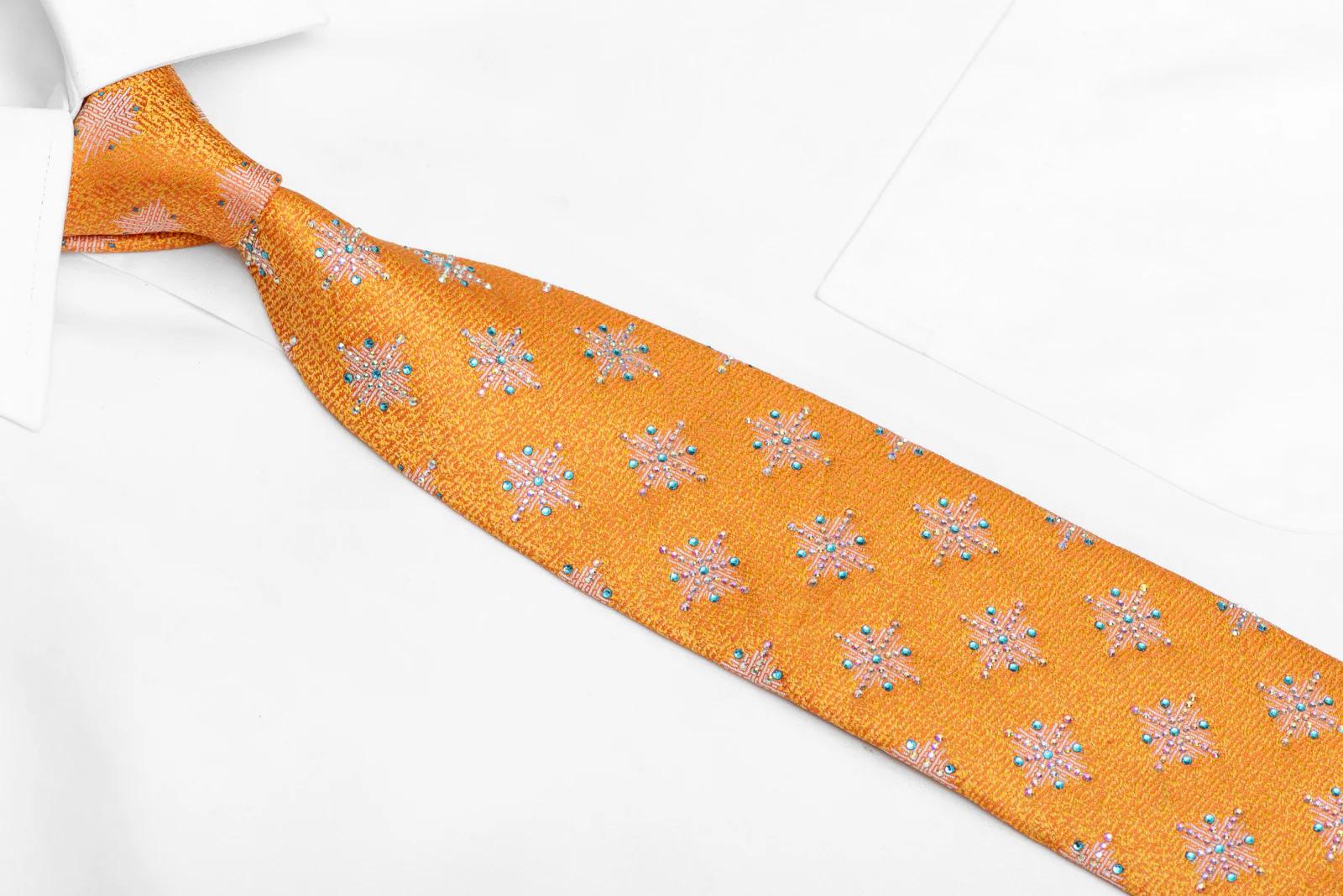 Geometric Star Snow Flakes On Orange Rhinestone SIlk Necktie - Image 2