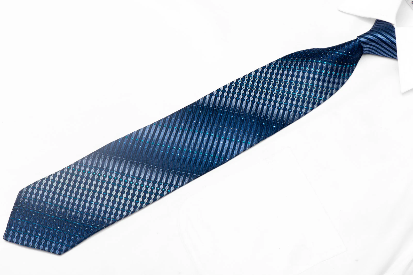 Geometric Striped Design On Blue Rhinestone Silk Necktie With Sparkles - Image 2