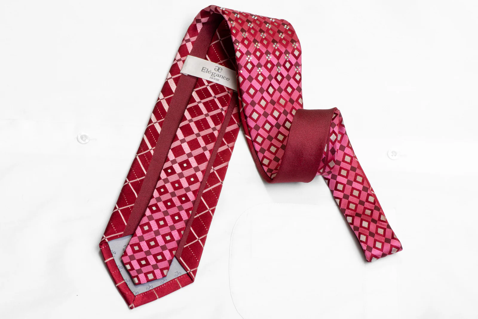 Geometric Striped On Red Rhinestone Silk Necktie With Silver Sparkles - Image 4