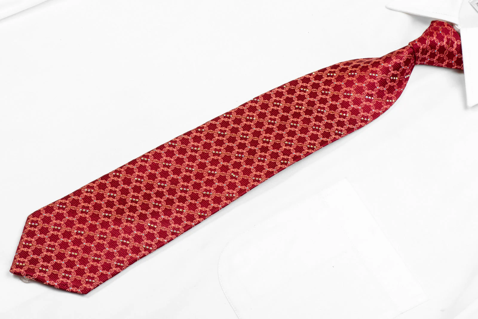 Geometric Trellis On Red Rhinestone Necktie With Blue Sparkles - Image 3