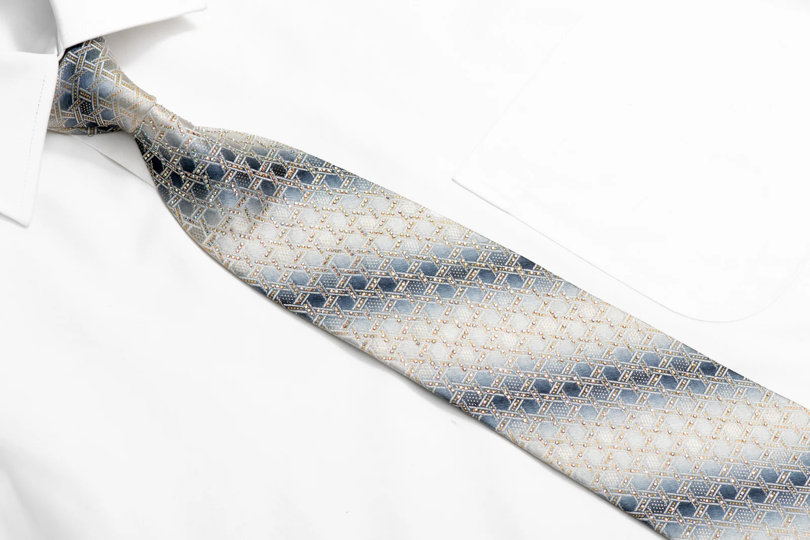 Geometric Trellis On Silver Rhinestone Silk Necktie With Gold Sparkles - Image 2