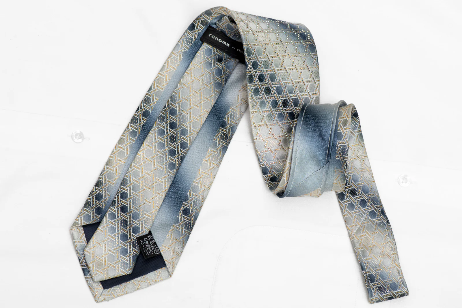 Geometric Trellis On Silver Rhinestone Silk Necktie With Gold Sparkles - Image 4