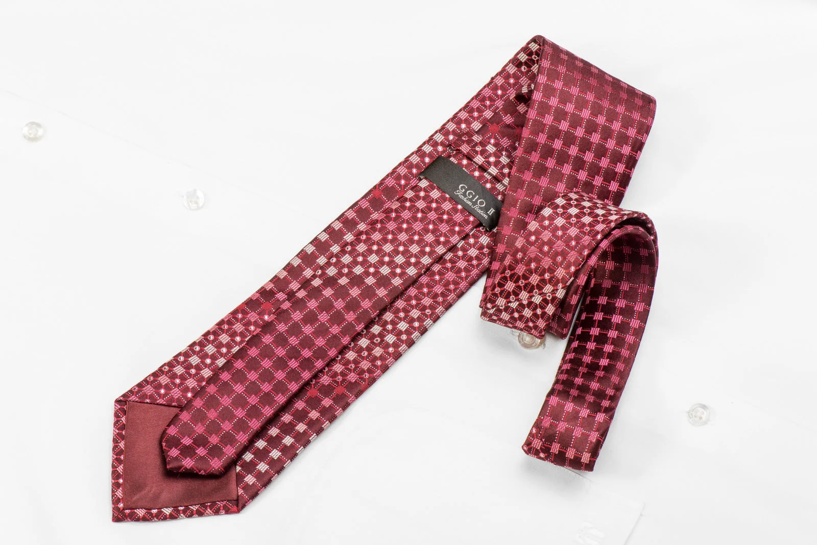 GGio Men's Crystal Silk Necktie Geometric On Burgundy With Silver Sparkles - Image 4