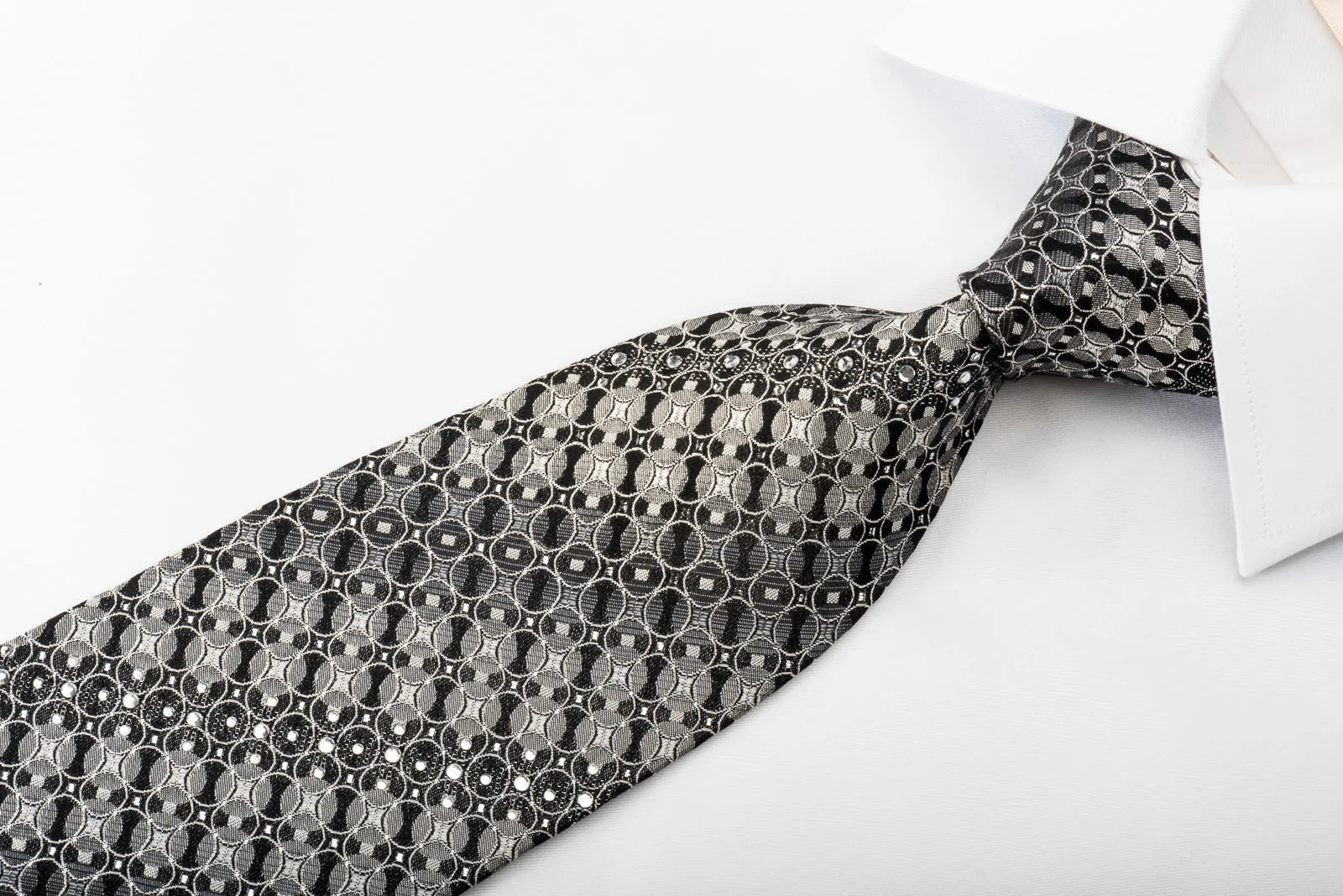 GGio Rhinestone Silk Necktie Silver Circles On Black With Sparkles - Image 3