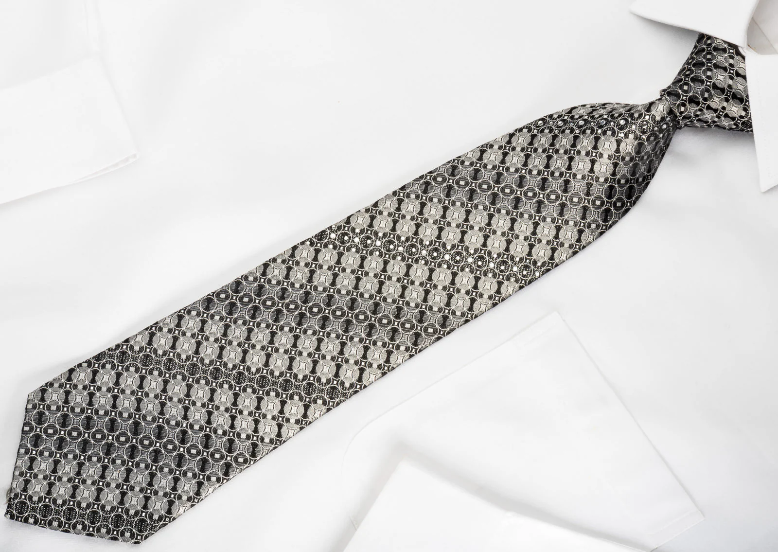 GGio Rhinestone Silk Necktie Silver Circles On Black With Sparkles - Image 4