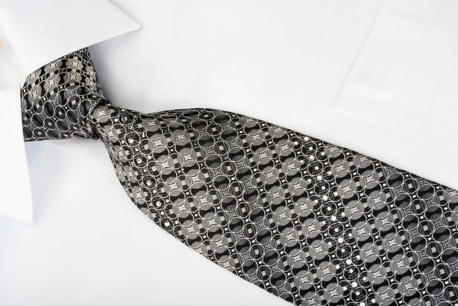 GGio Rhinestone Silk Necktie Silver Circles On Black With Sparkles - Image 6