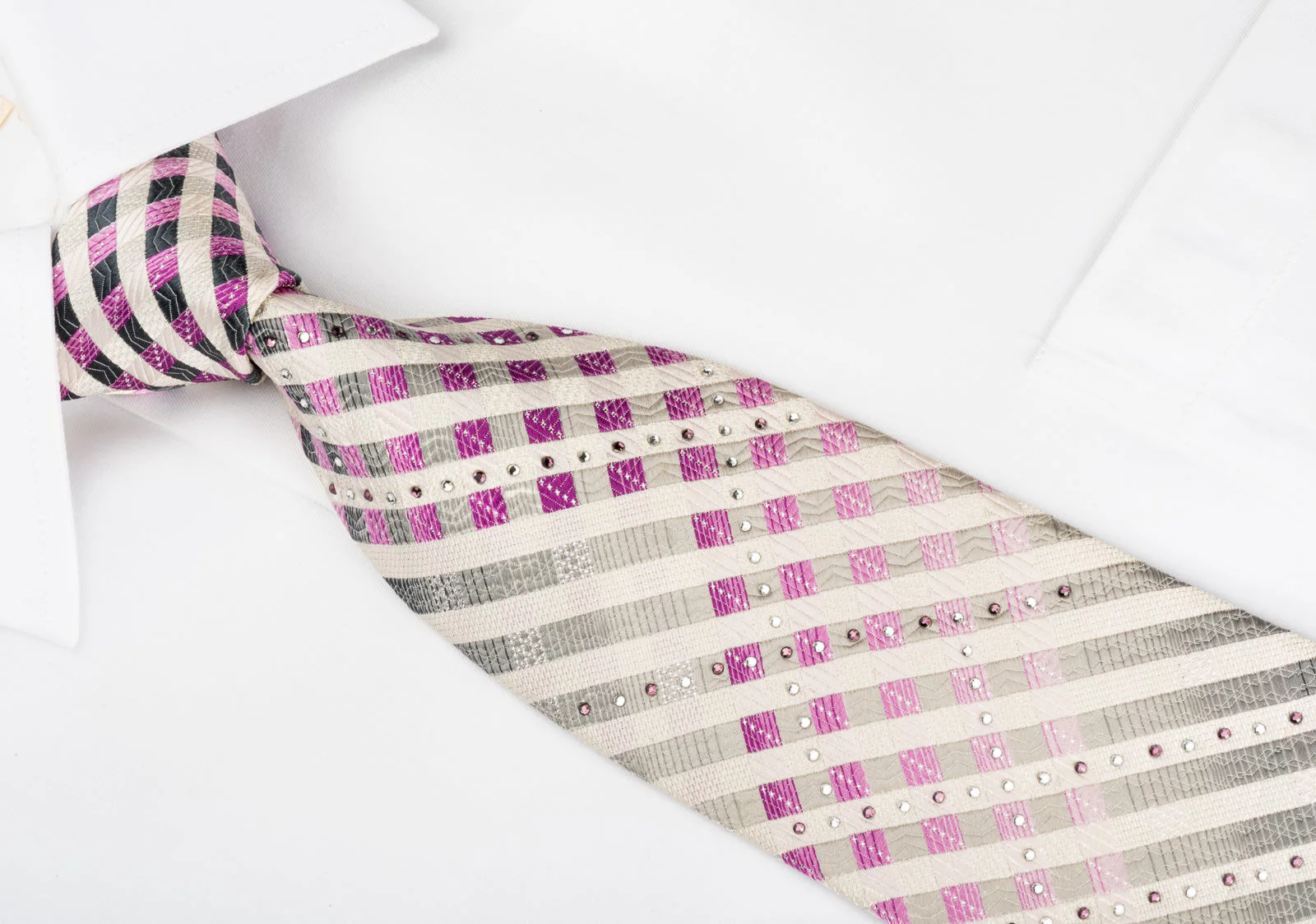 GGio Rhinestone Silk Necktie Silver Purple Striped On White With Sparkles - Image 3