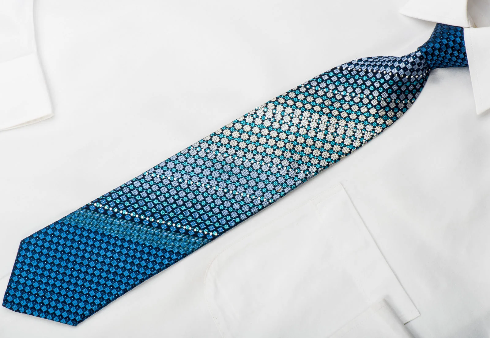 GGio Rhinestone Silk Tie Geometric On Blue With Blue Sparkles - Image 4
