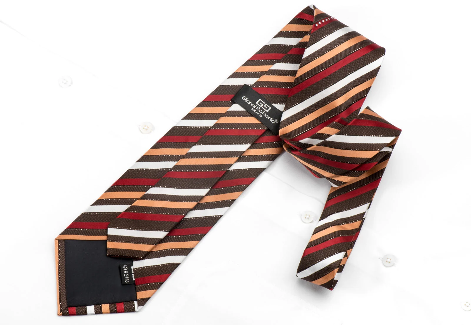 Gianni Roberto Men's Crystal Rhinestone Silk Necktie Brown Orange Burgundy Striped With Sparkles - Image 4