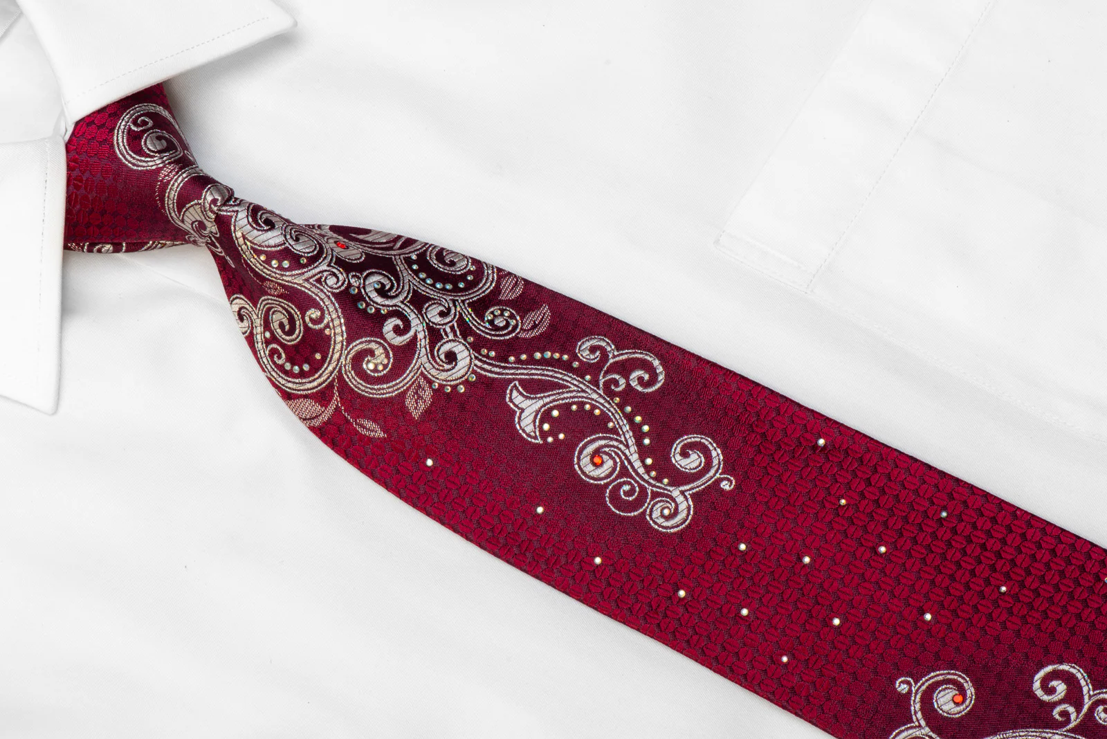 Giorgio Ferri Crystal Rhinestone Tie Silver Scrolls On Burgundy With Sparkles - Image 2