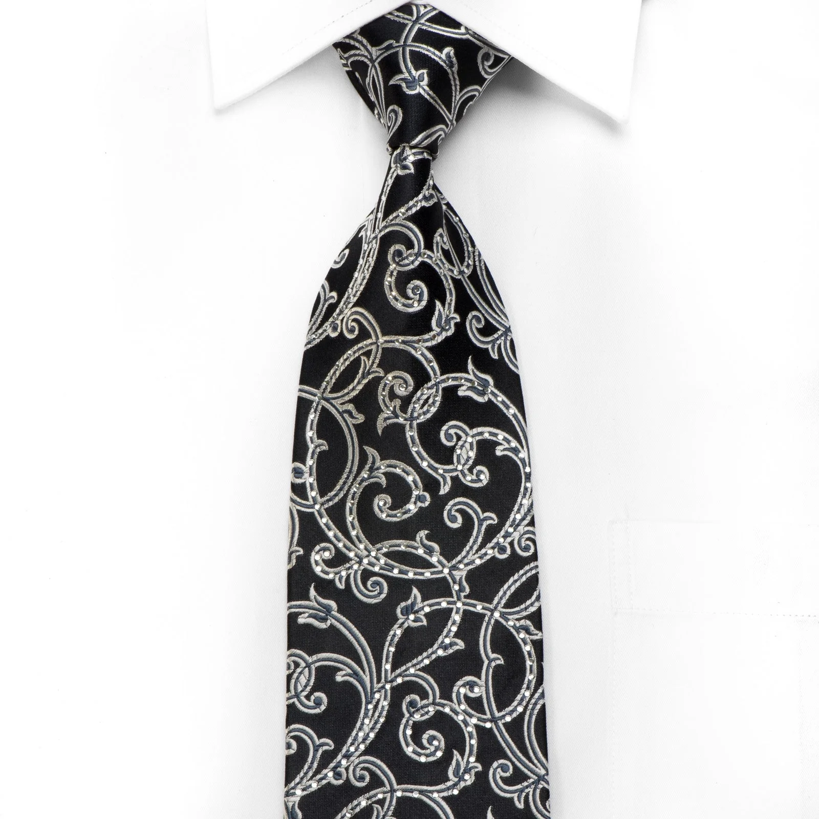 Giorgio Ferri Men's Crystal Silk Tie Silver Scrolls On Black Sparkling With Rhinestones