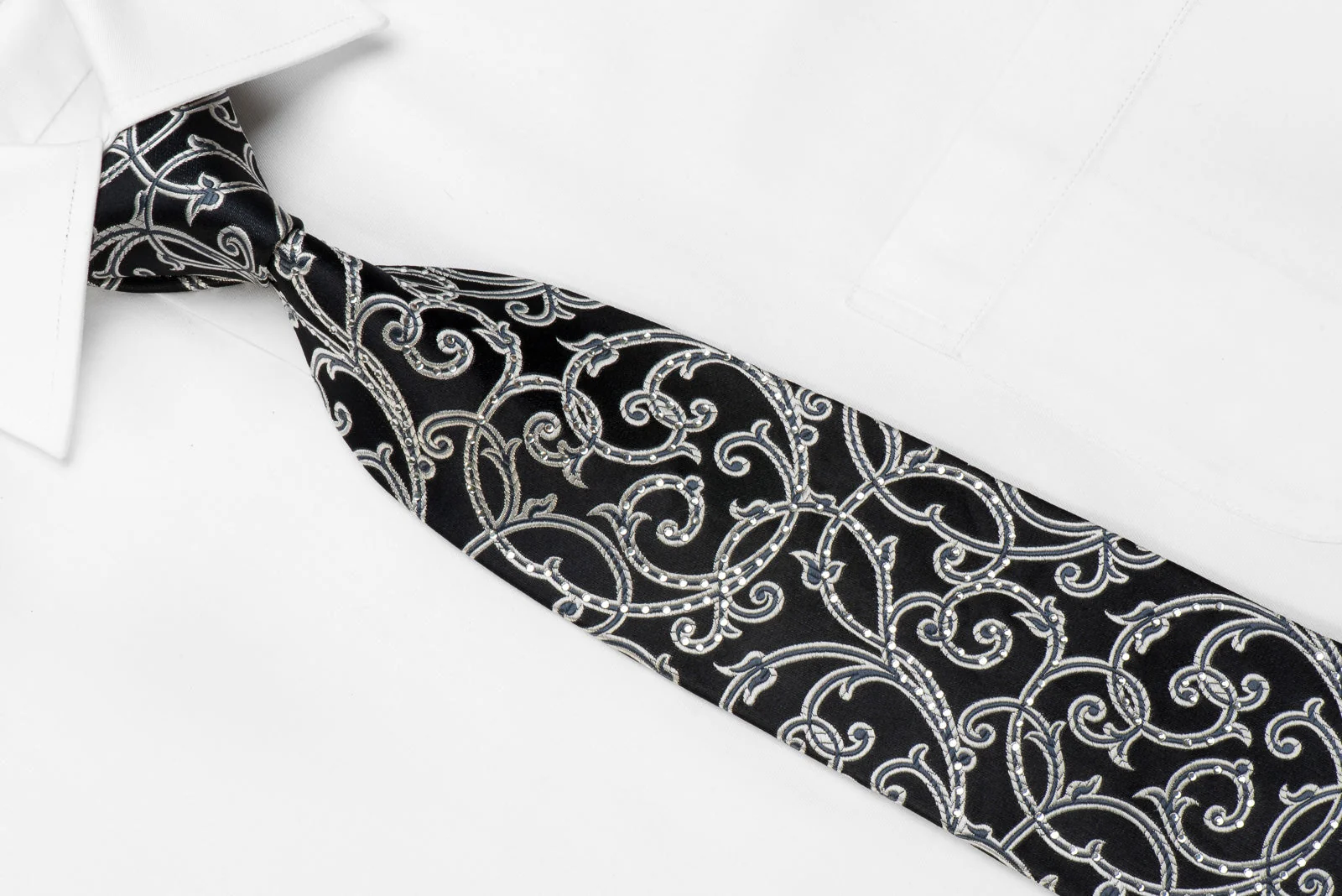 Giorgio Ferri Men's Crystal Silk Tie Silver Scrolls On Black Sparkling With Rhinestones - Image 2