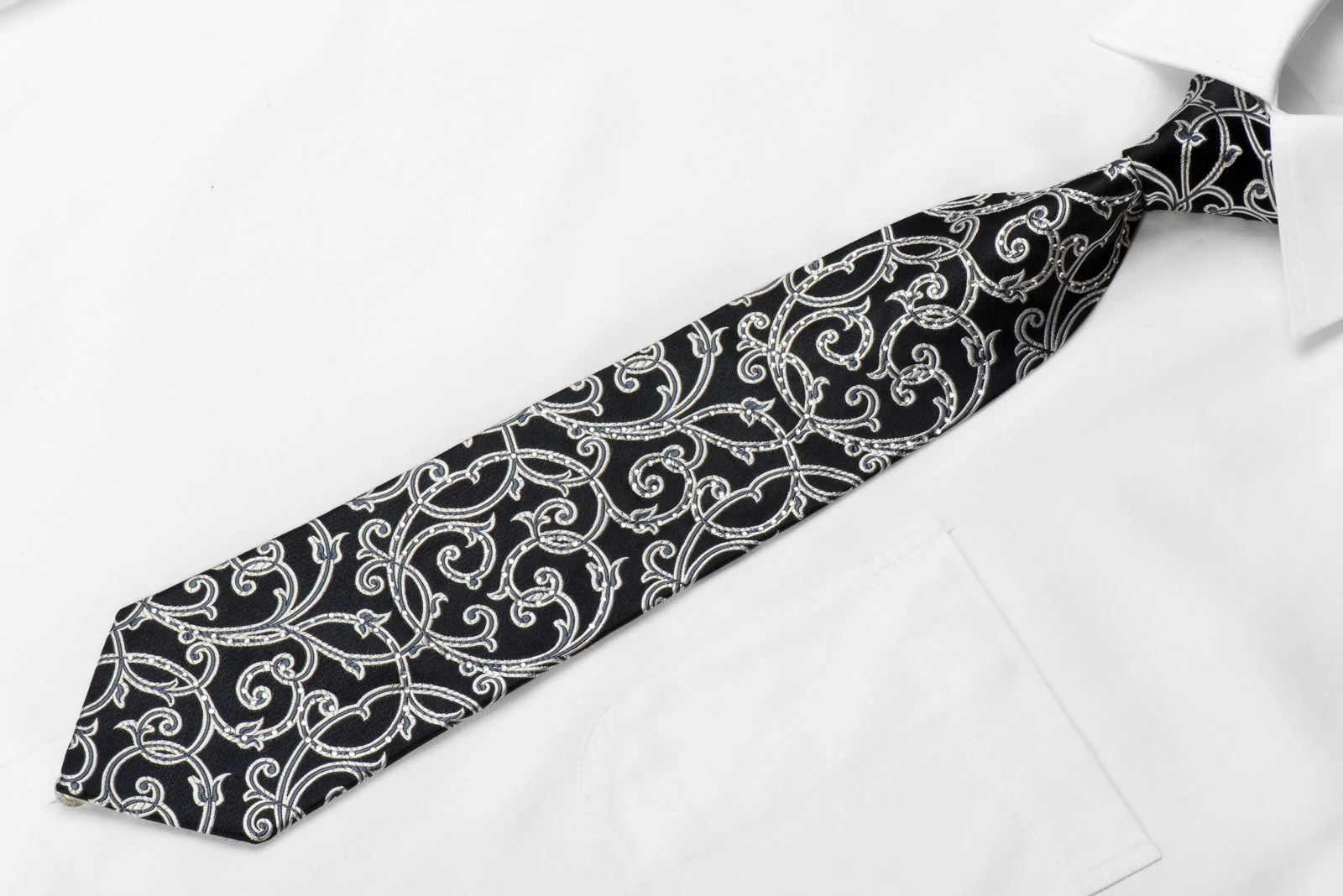 Giorgio Ferri Men's Crystal Silk Tie Silver Scrolls On Black Sparkling With Rhinestones - Image 3
