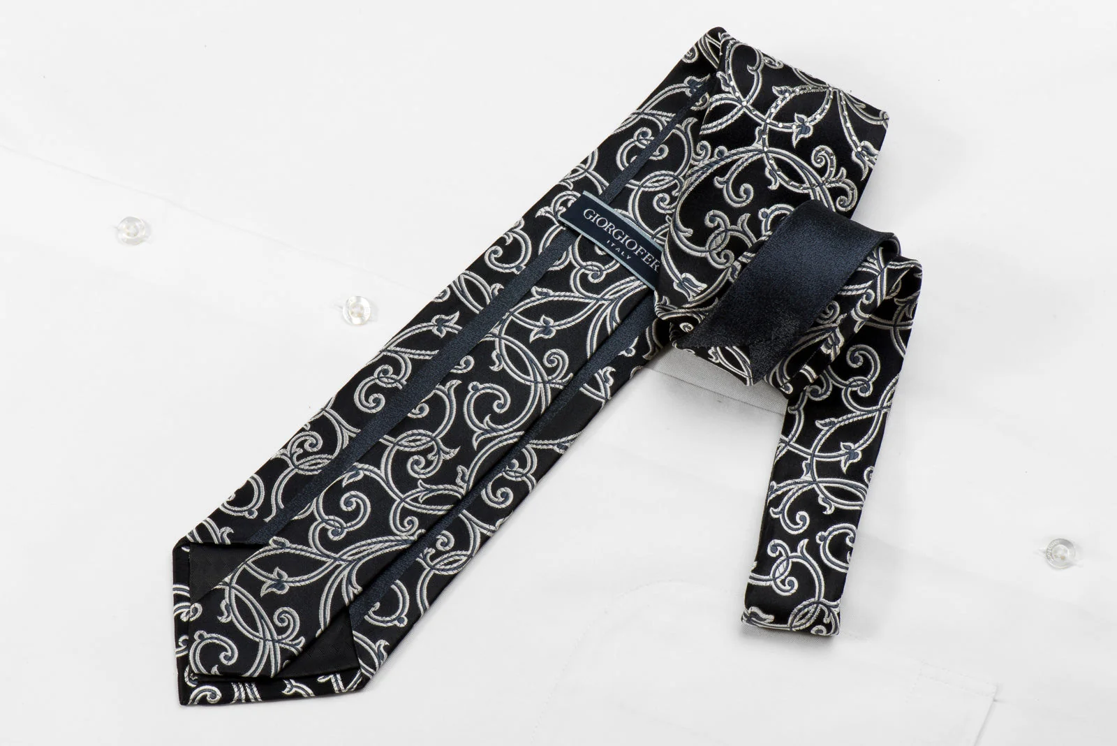 Giorgio Ferri Men's Crystal Silk Tie Silver Scrolls On Black Sparkling With Rhinestones - Image 4