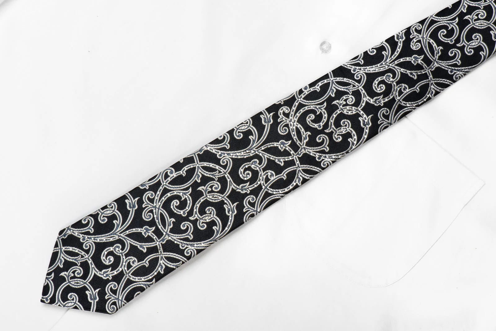 Giorgio Ferri Men's Crystal Silk Tie Silver Scrolls On Black Sparkling With Rhinestones - Image 5