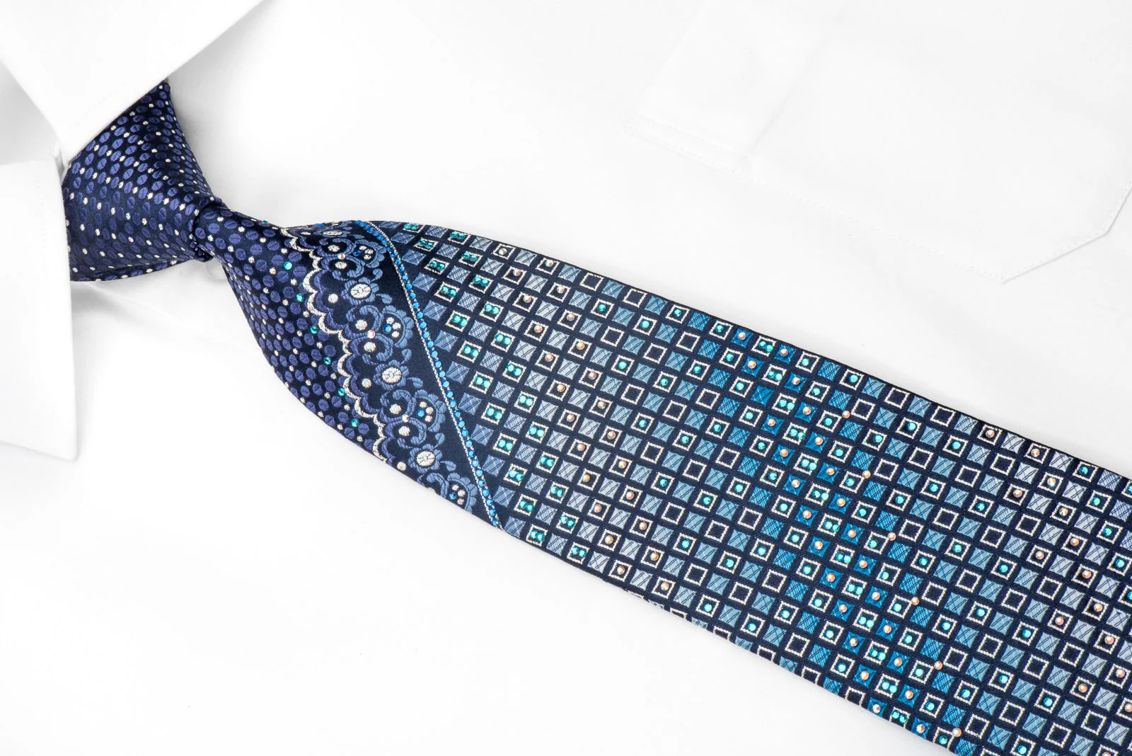 Giorgio Ferri Men's Rhinestone Silk Necktie Geometric Squares On Blue With Silver Sparkles - Image 3